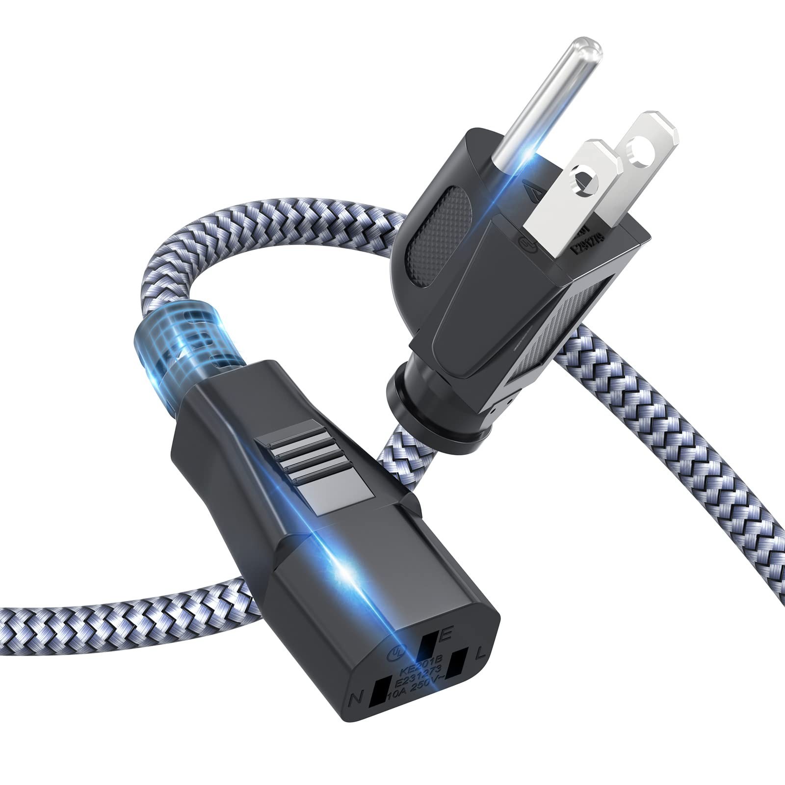 15FT Nylon Braided AC Power Cord 18AWG 3 Prong Replacement for TV, PC, Monitor &