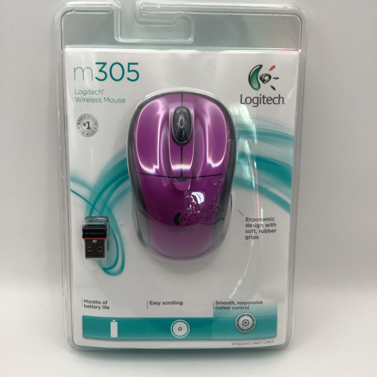 Logitech M305 Wireless Optical Mouse Purple USB Nano Receiver New Sealed