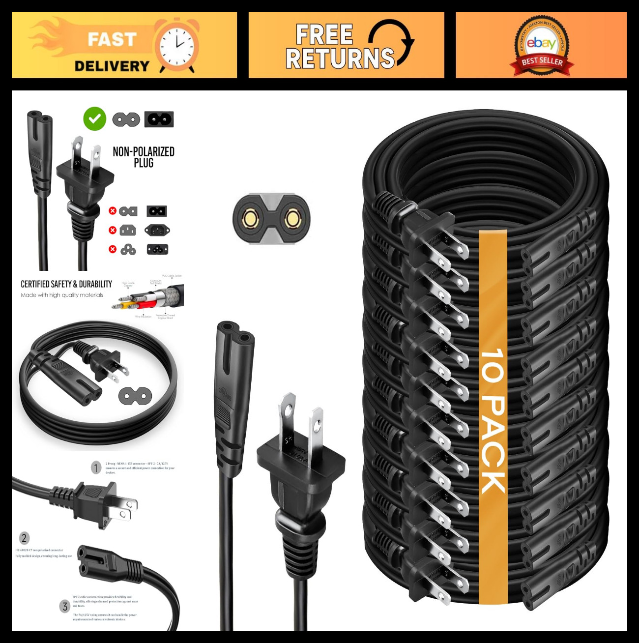 15ft TV Power Cord 10 Pack - Universal 2 Prong Replacement Cable for LED LCD TVs