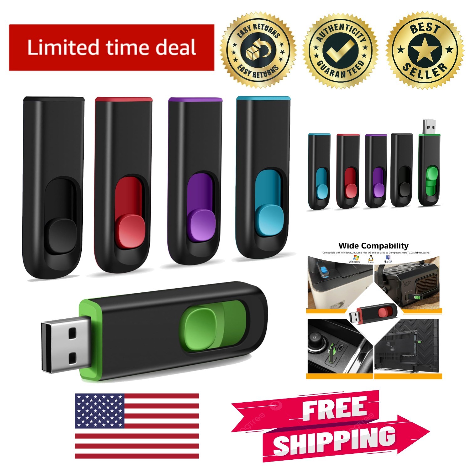 Retractable 8GB USB Memory Stick Set - 5 Colorful Thumb Drives for Data Storage
