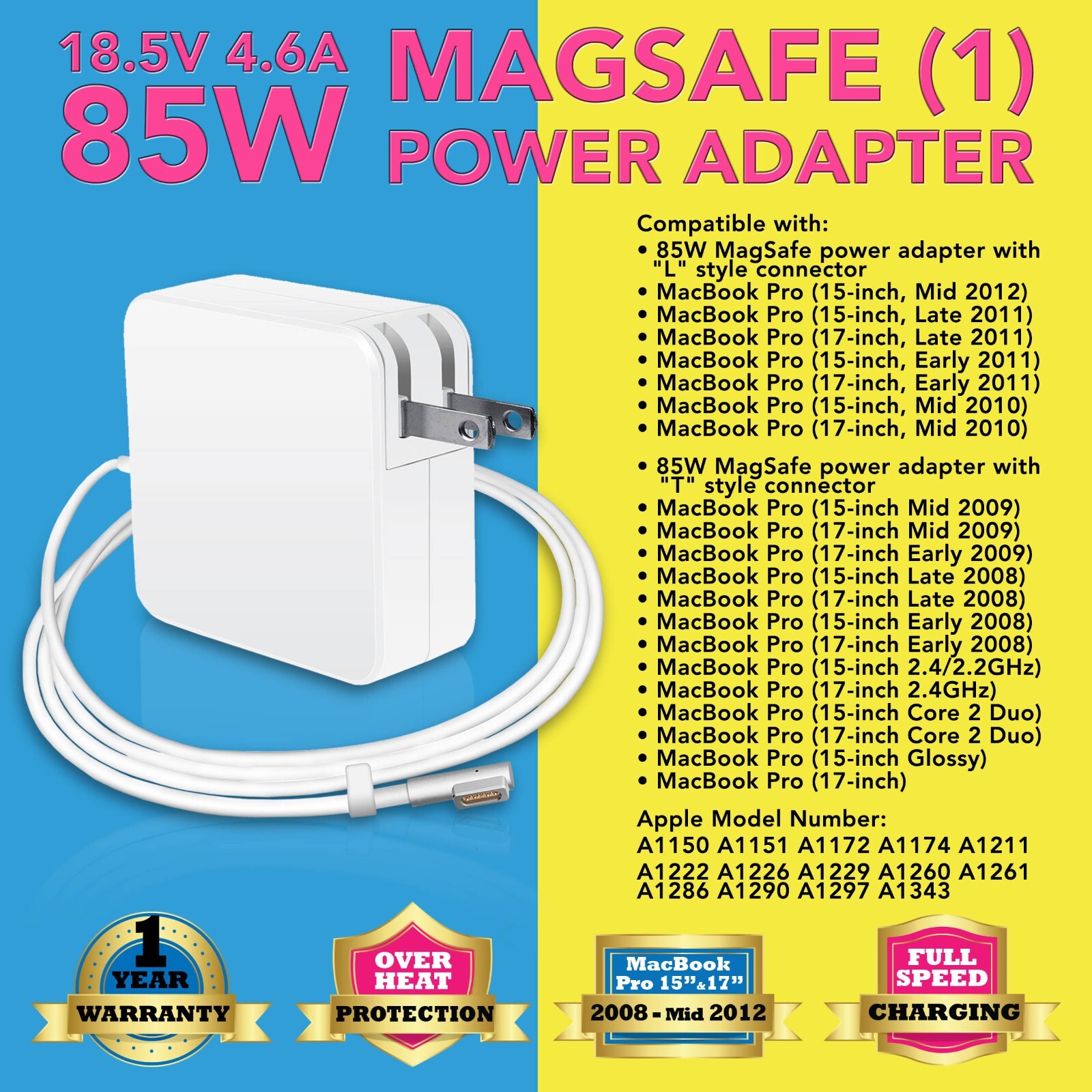 ADAPTER for APPLE MAGSAFE 85W CHARGER MACBOOK AIR PRO A1278 A1286 A1290