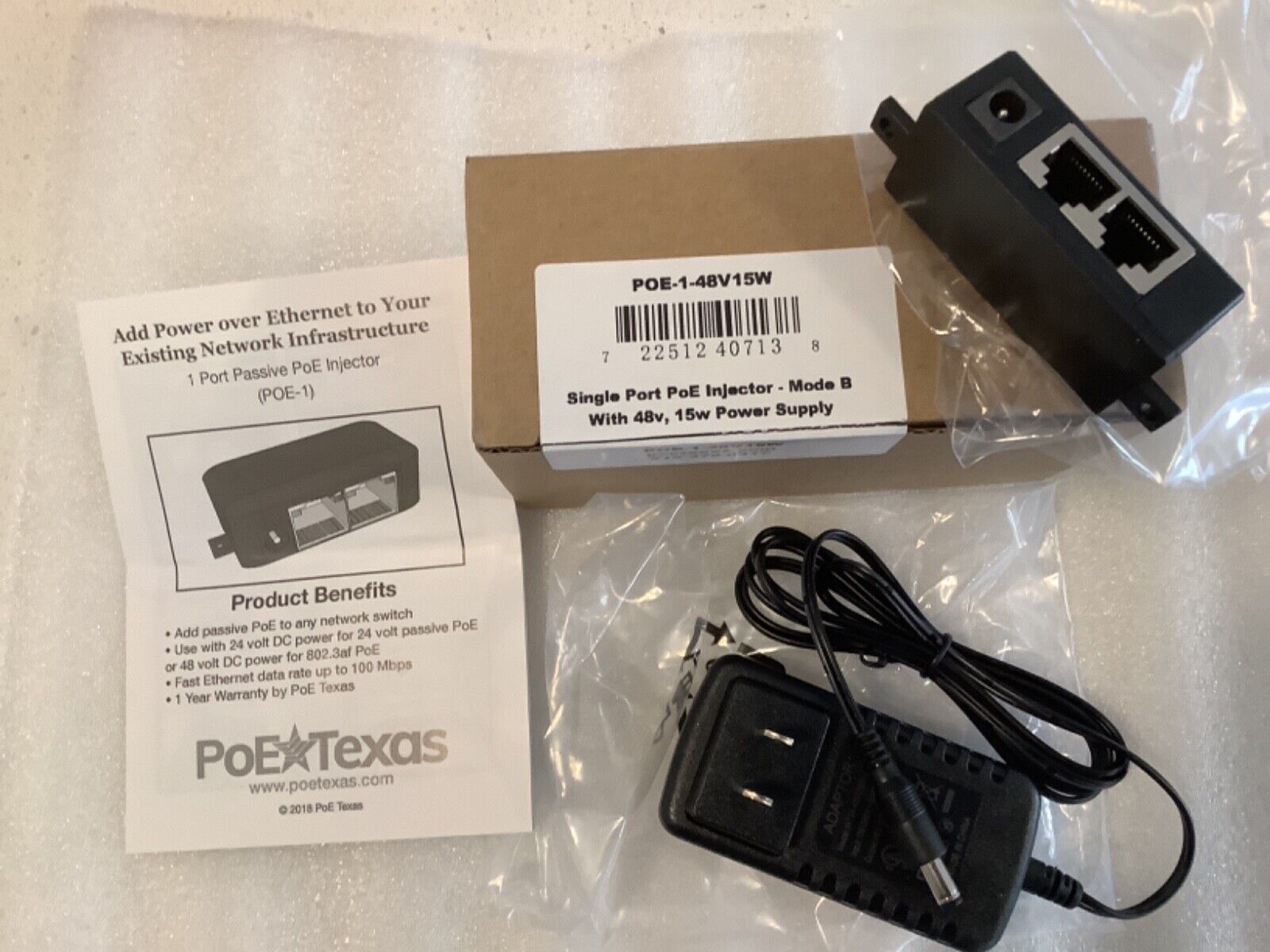 POE Texas | POE 1 Port PoE Injector - Mode B  With 48V15W Power Supply ….NEW