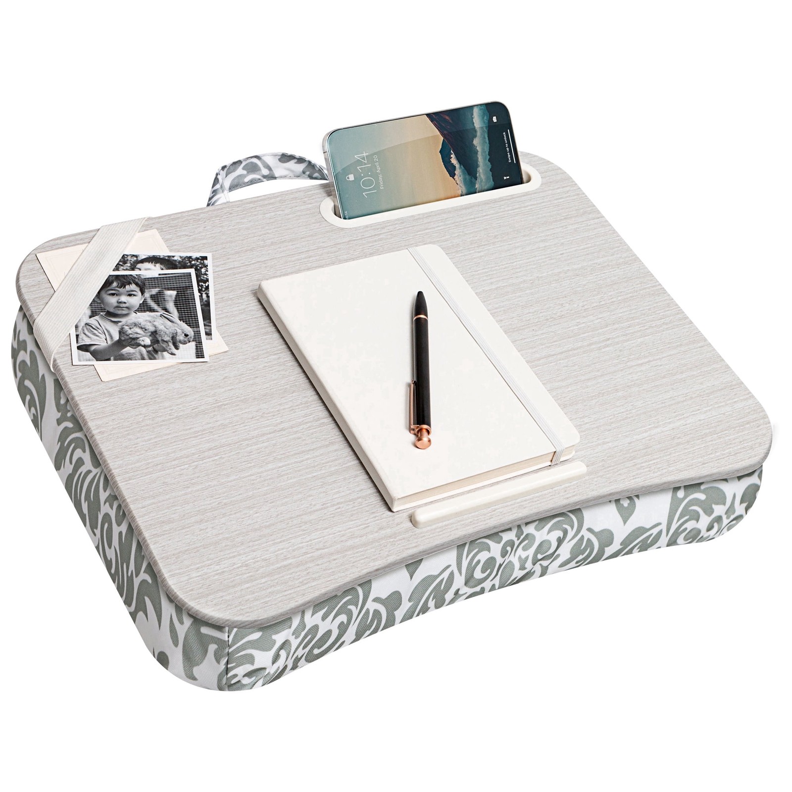  Designer Lap Desk with Phone Holder, Fits 15.6" Laptop, Gray Damask, Comfortabl