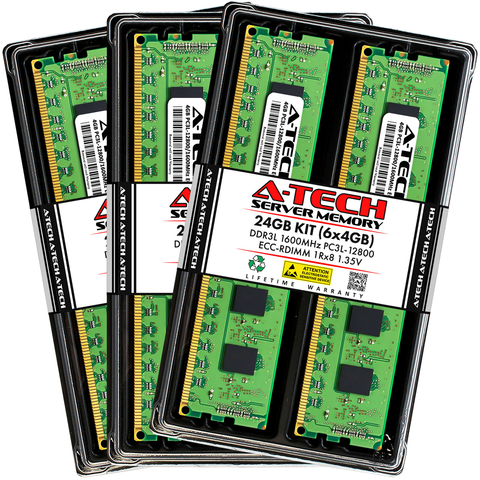 A-Tech 24GB 6x 4GB 1Rx8 PC3-12800R DDR3 1600 LV ECC RDIMM REG Server Memory RAM