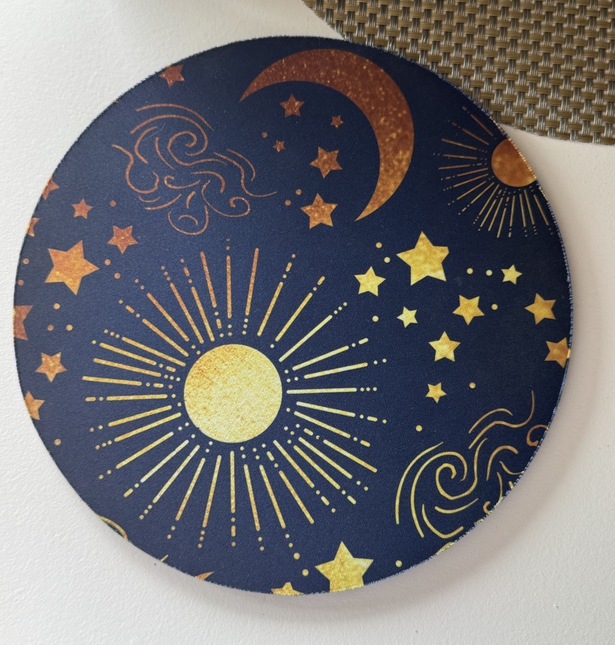 Celestial Sun Moon Stars Round Mouse Pad 8" Navy Blue Gold Mystic Astrological