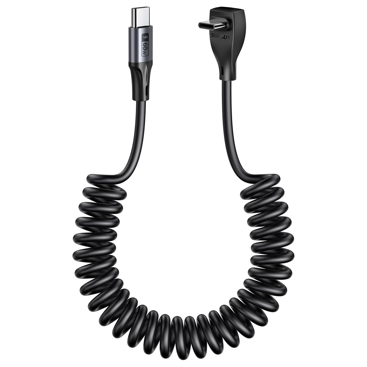 SUNGUY Right Angle Coiled USB C Cable 4FT [Recommended Stretch 4FT, Grey 