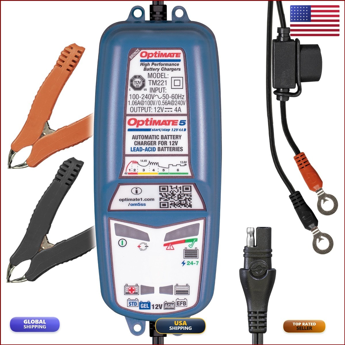 Tecmate Optimate 5 Start/Stop TM-221-4A 12V 4A Battery Charger Maintainer