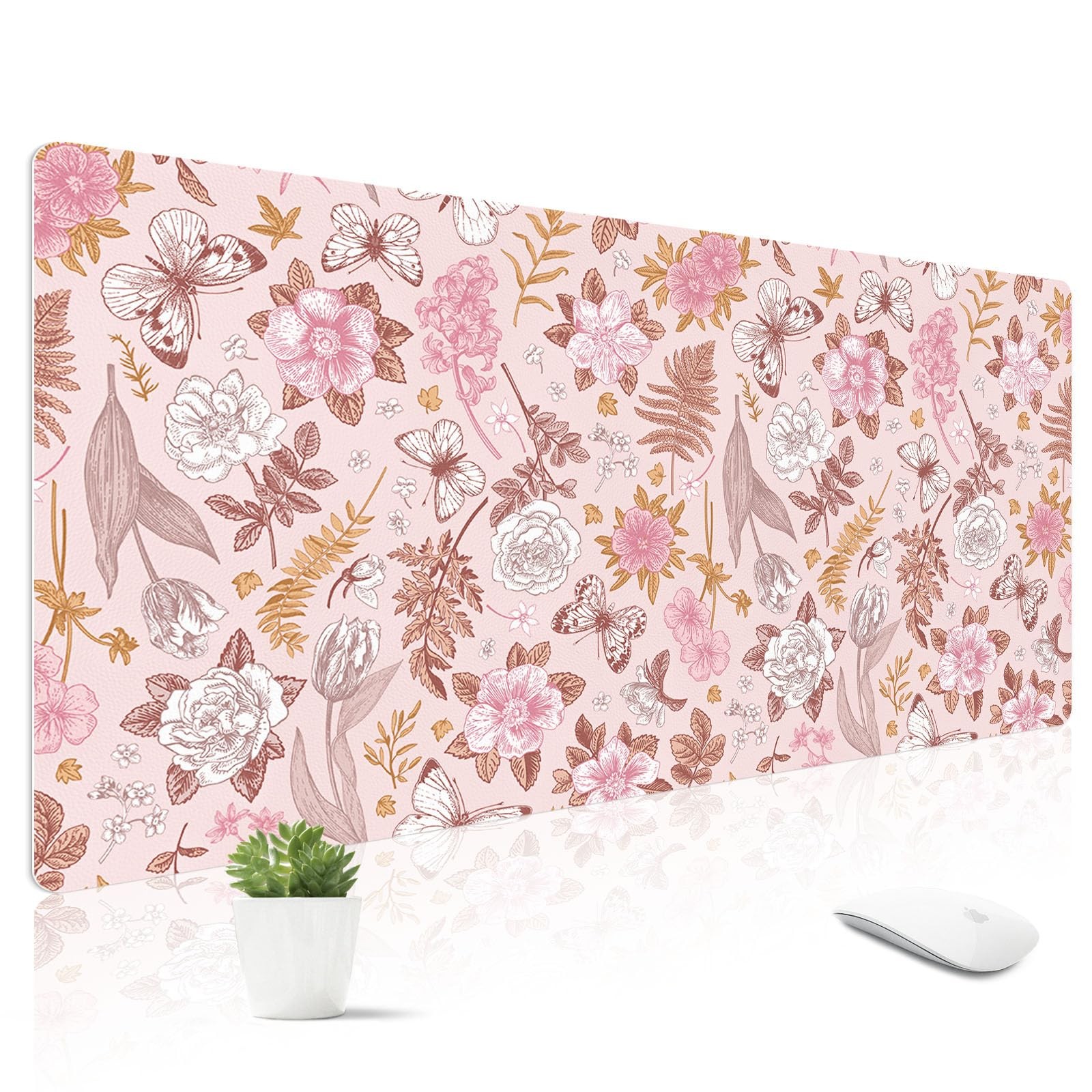 Pink Floral Leather Desk Mat Large Keyboard Mouse Pad XXL 31.5x15.7 Inch