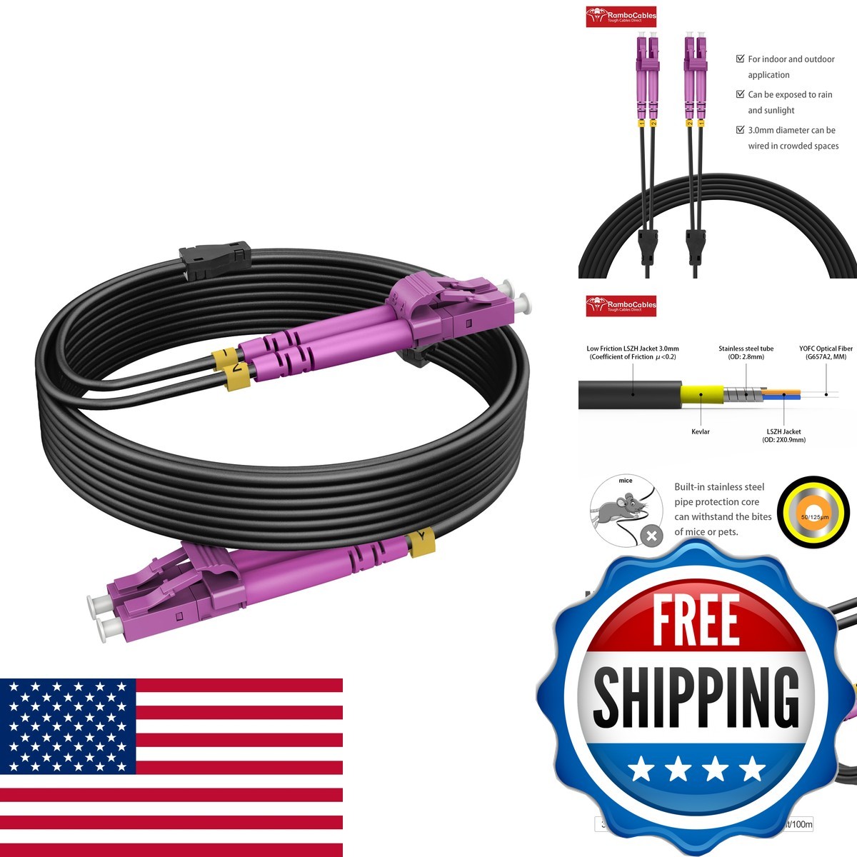 RamboCables 330ft OM4 LC to LC Armored Outdoor Fiber Patch Cable 10/40GB