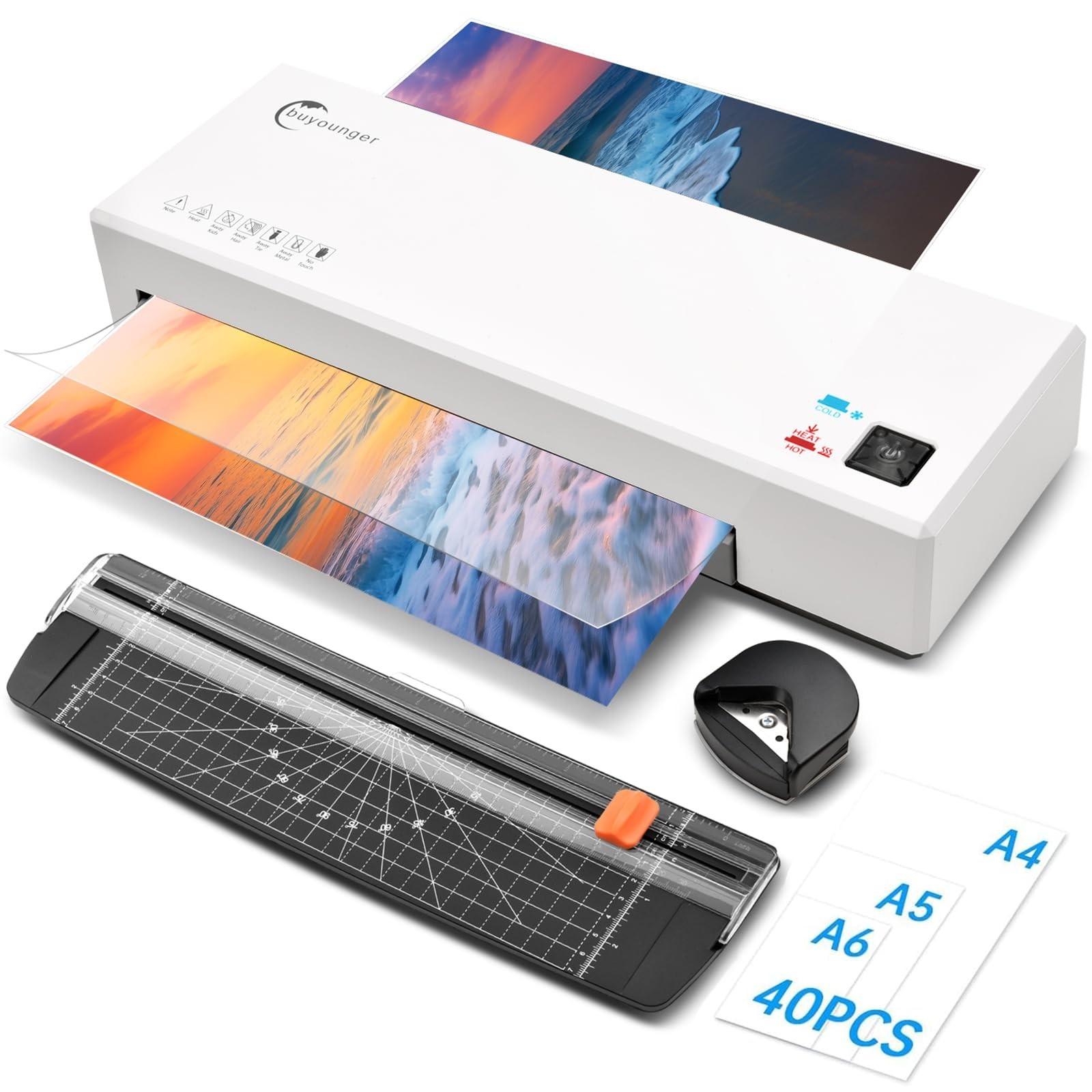 Buyounger Laminator Machine with 40 Laminating Sheets, A4 Laminator Thermal a...