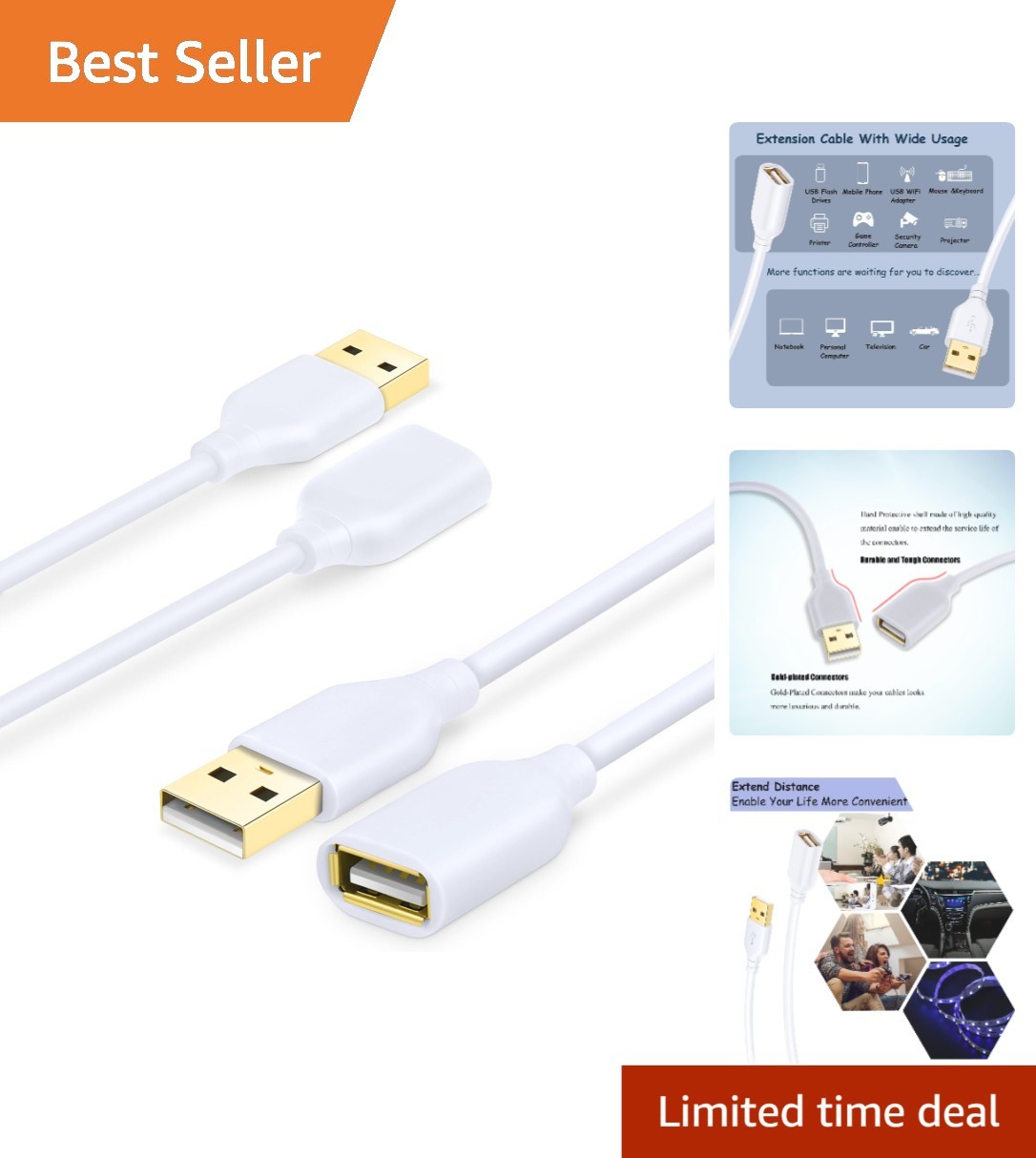 Luxurious 6ft USB Extension Cables in White - Attractive Gold-Plated Connectors