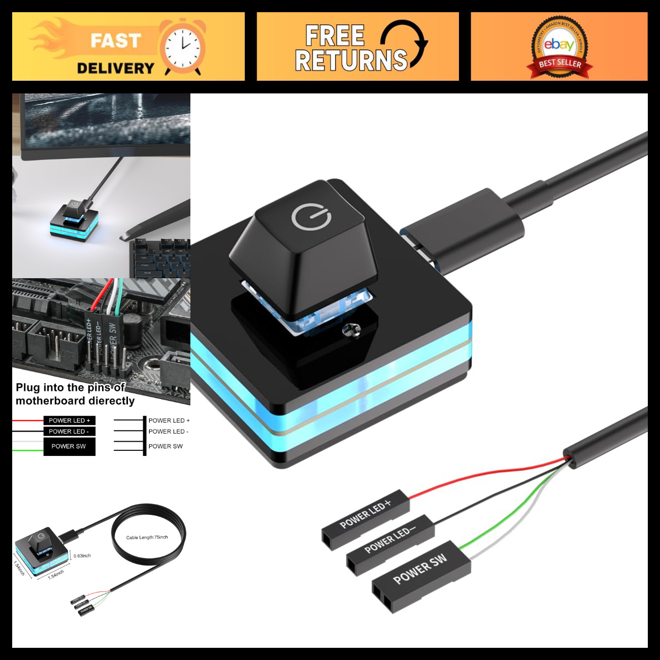External PC Power Supply Switch - Desktop Power Button for Computer Motherboard