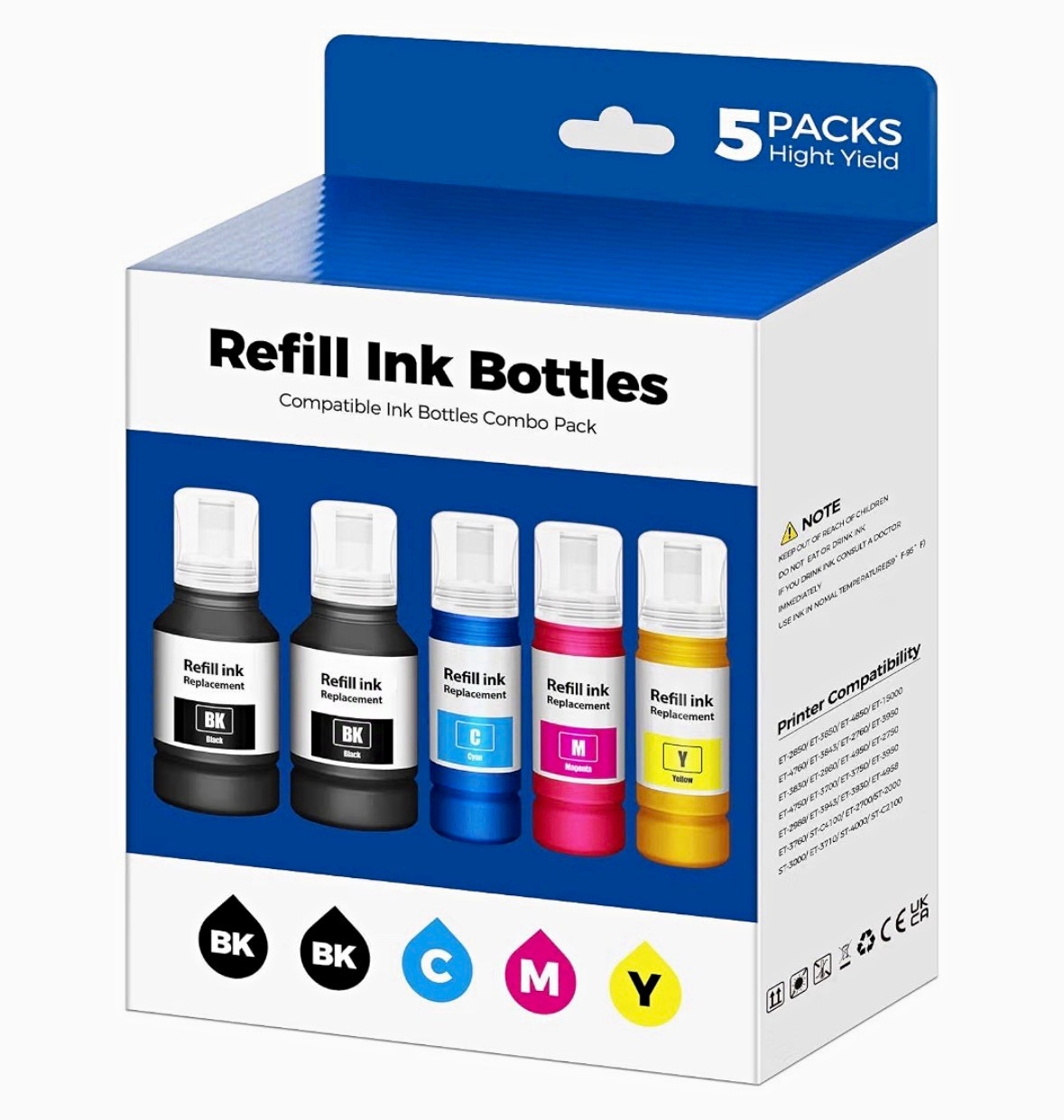5 Pack Refill Ink Bottles CMYK + Black for Epson EcoTank ET-2850/3850/4850