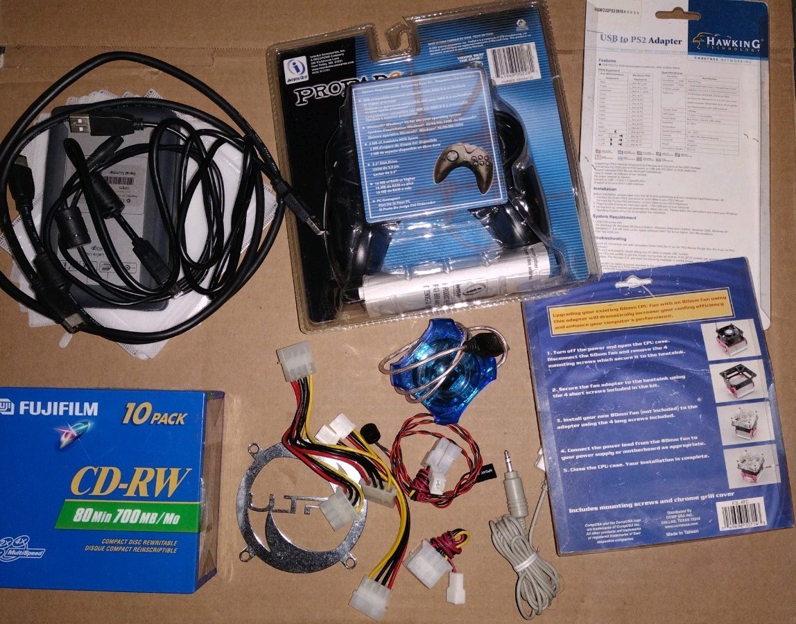 Vintage Computer Parts Lot Game Controller Fan PSU Adapters 40GB Drive CDRW Disk
