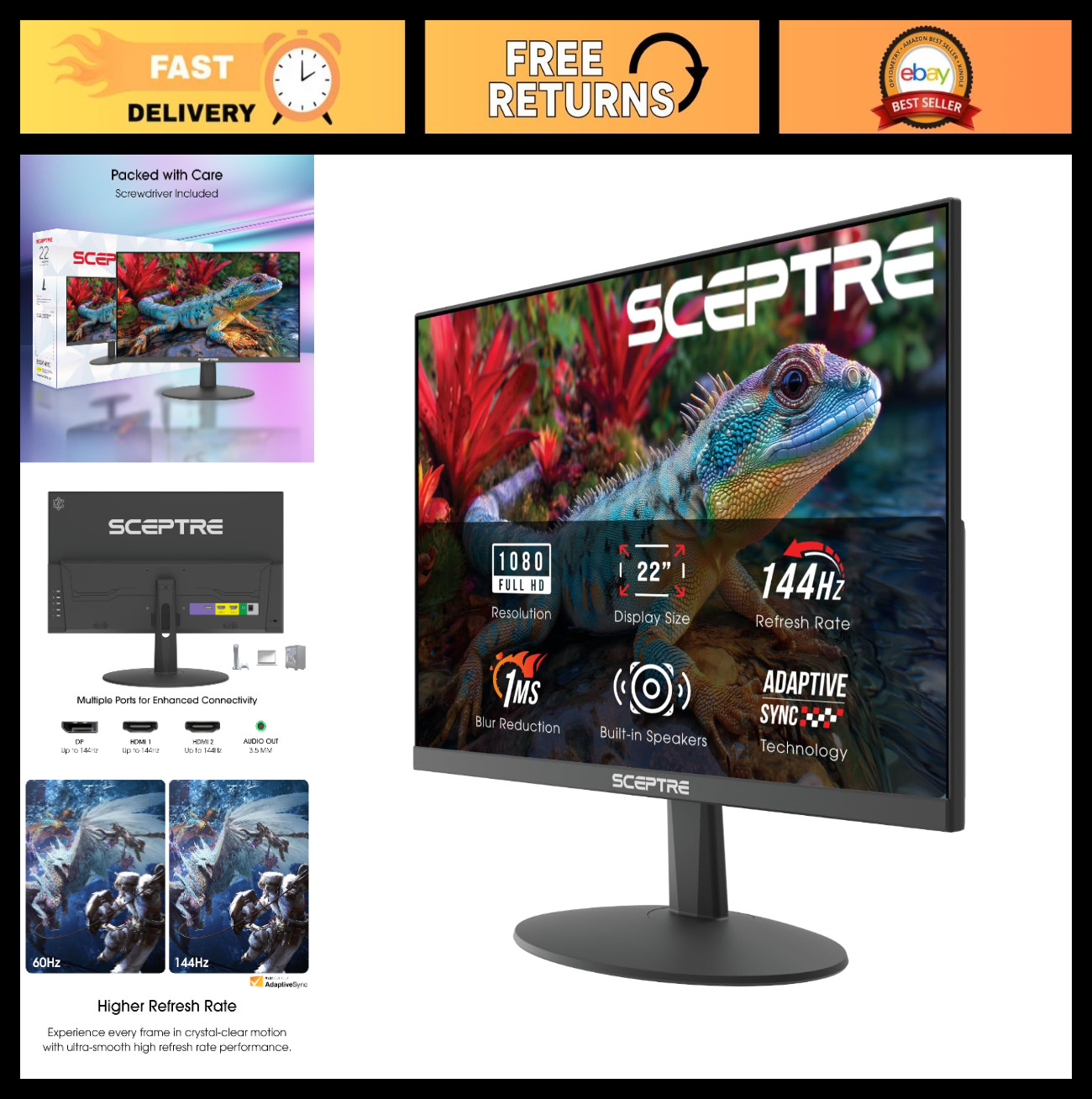 22-Inch FHD 1080p Gaming Monitor, 144Hz Refresh Rate, HDMI, DisplayPort, Speaker