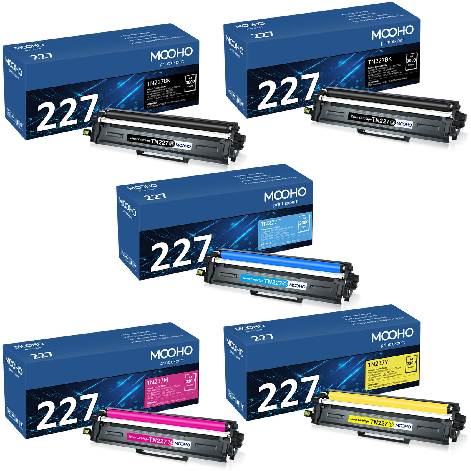 5-Pack TN227 223 Toner Cartridge replacement for Brother HL-L3270CDW HL-L3290CDW