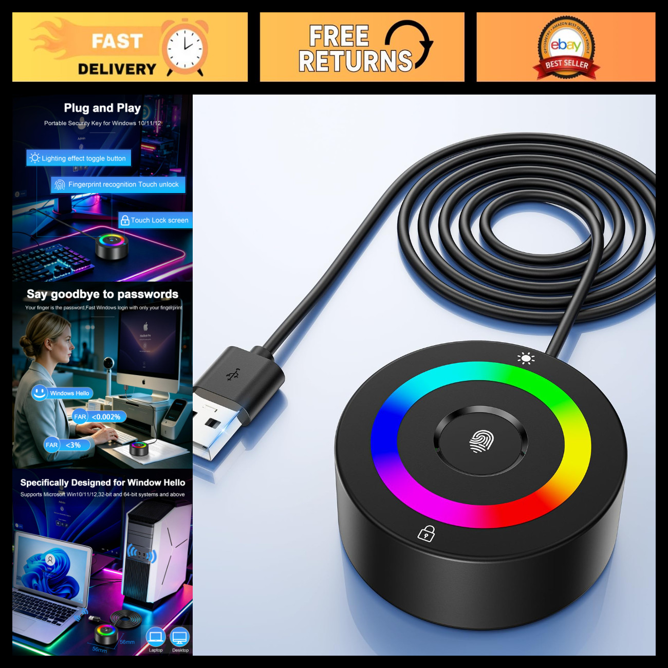 USB Fingerprint Reader for Windows 10/11, RGB Light Up Scanner, 4.9FT Cable, Plu