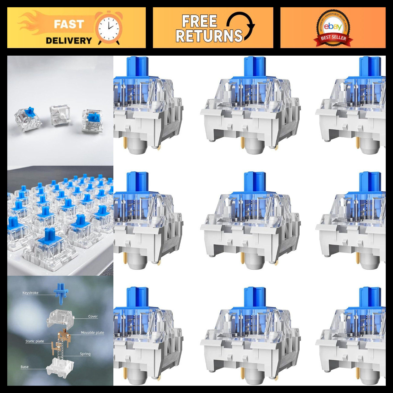 72PCS Blue Mechanical Keyboard Switches - 3 Pin Dustproof Clicky Switches for Ga