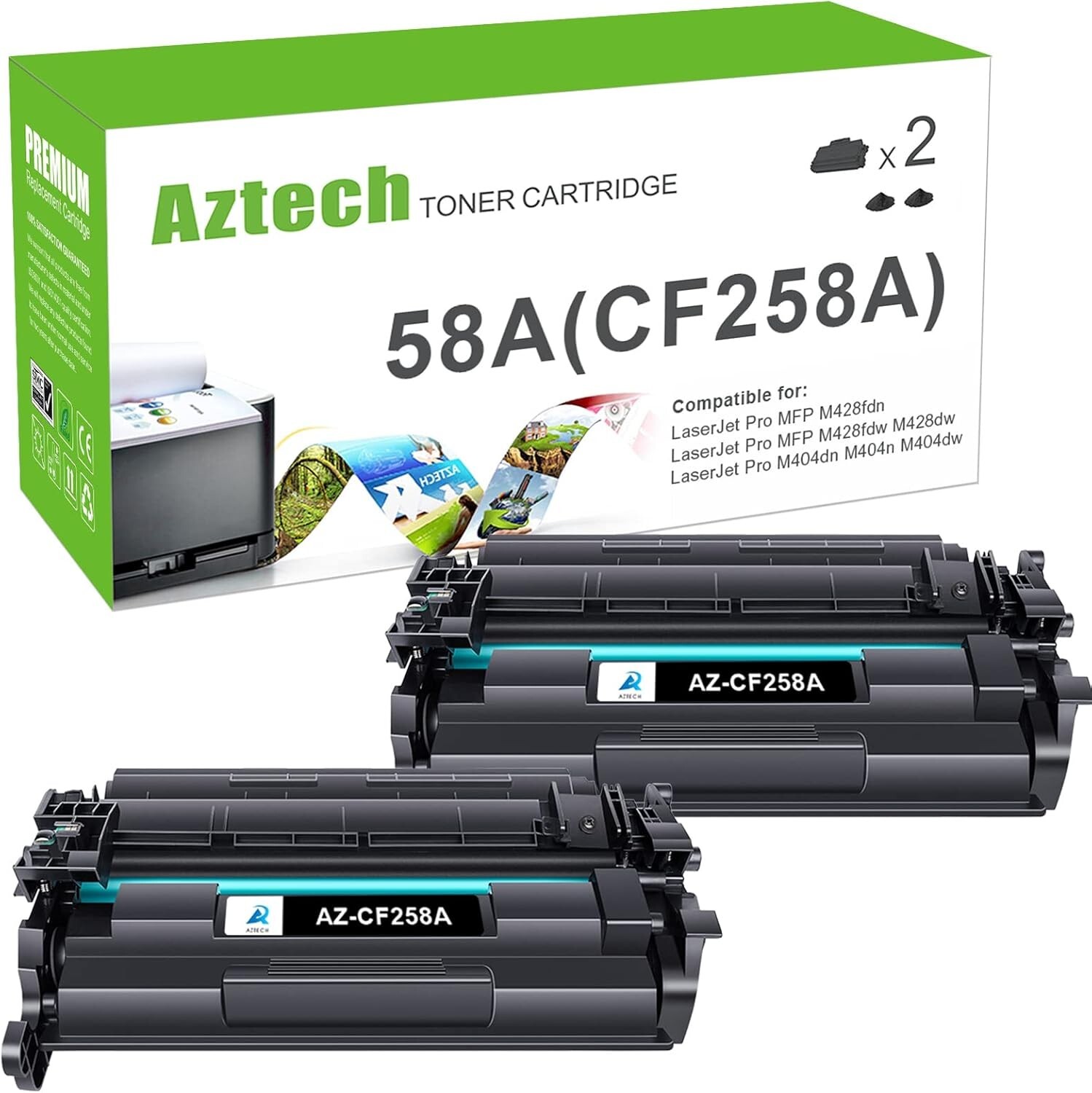 Aztech Compatible Toner Cart Replacement for HP 58A CF258A Black 2 Pack NO CHIP