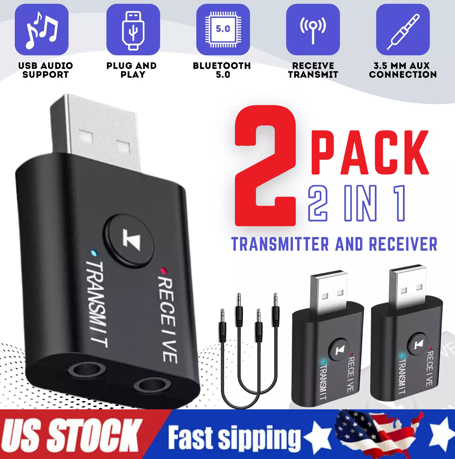 Bluetooth 5.0 2in1 Transmitter Receiver Car Wireless Audio Adapter USB 3.5mm Aux