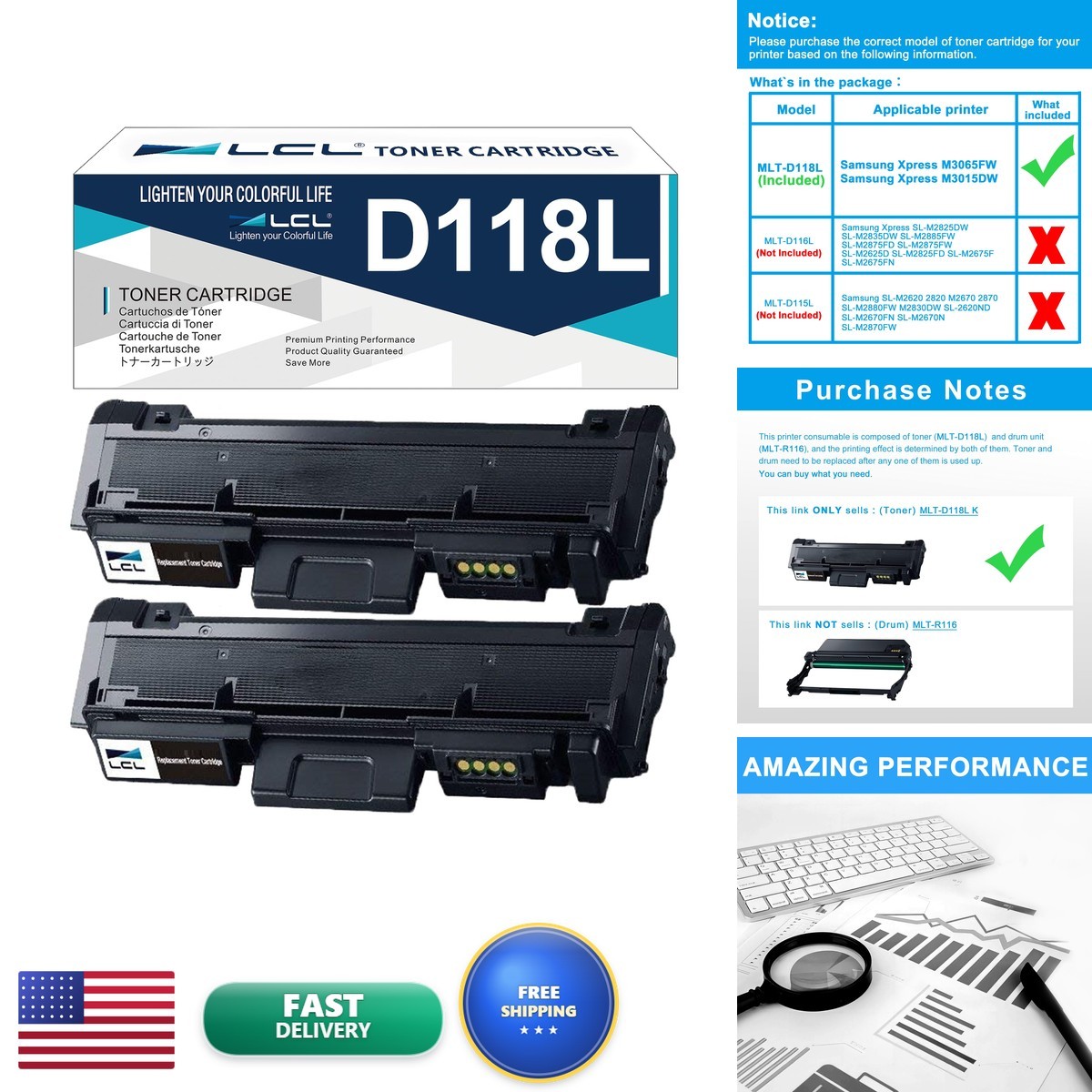 LCL Compatible Toner Cartridge Replacement Samsung MLT-D118L MLT-D118S D118L