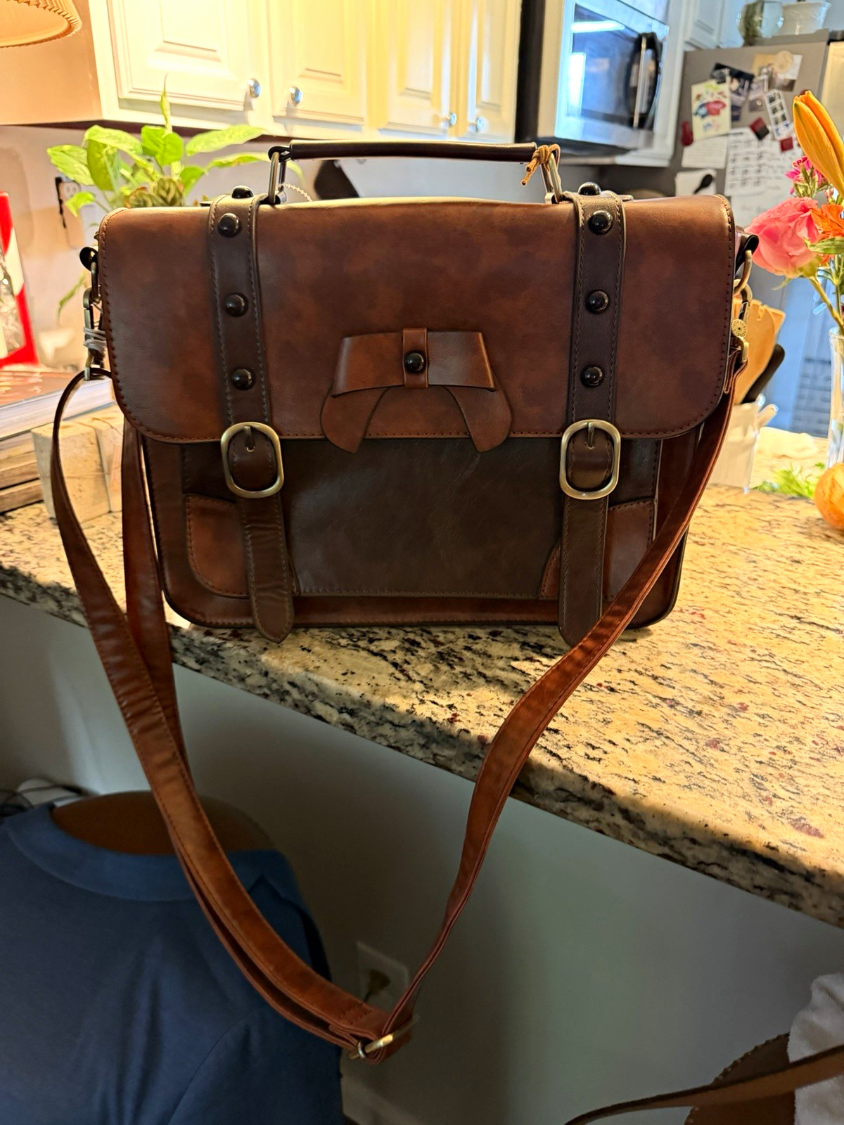 ECOSUSI Brown Faux Leather 15in Laptop Messenger Bag Padded Shoulder Strap