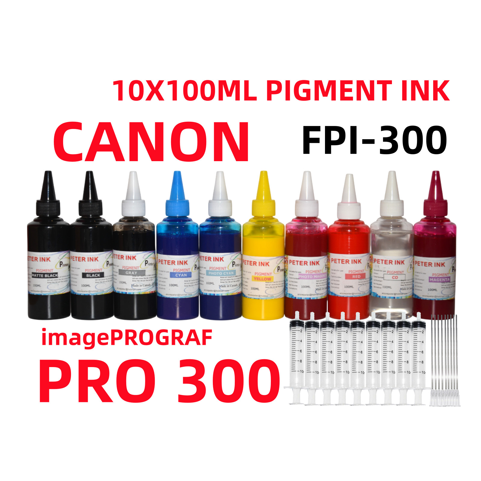 10X100MLPigment ink refills for Canon imagePROGRAF PRO-300 PFI-300 cartridge /Sy