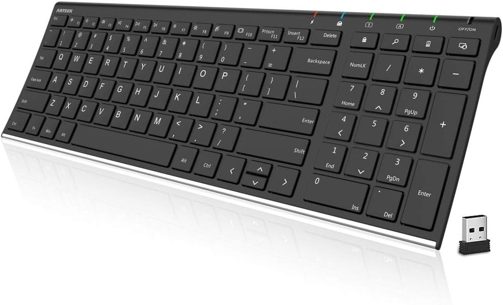 Arteck USB Wireless Keyboard Stainless Steel Ultra Slim Keyboard Numeric Keypad