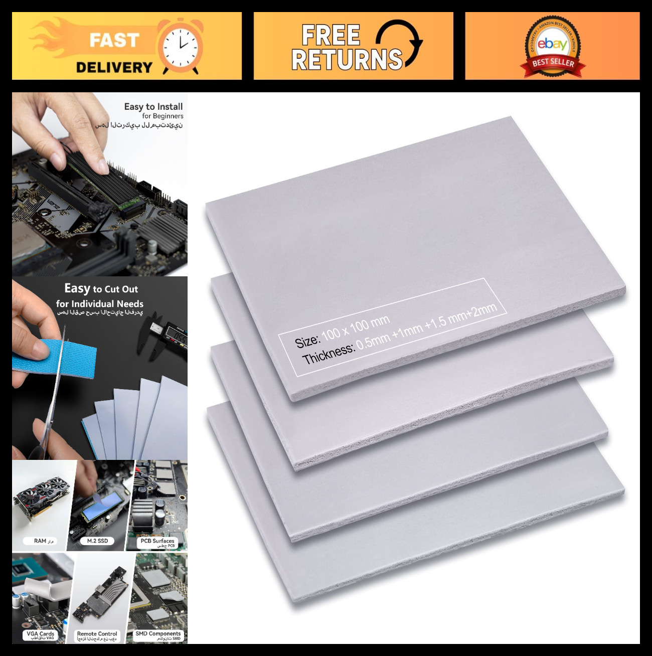 4 Pack Silicone Thermal Pads 100x100mm, 0.5-2mm Heat Resistant Cooling for PC/PS