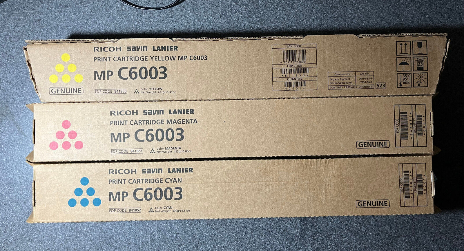 Genuine Ricoh Color Toner Set MP C6003 CMY 841850 841851 841852