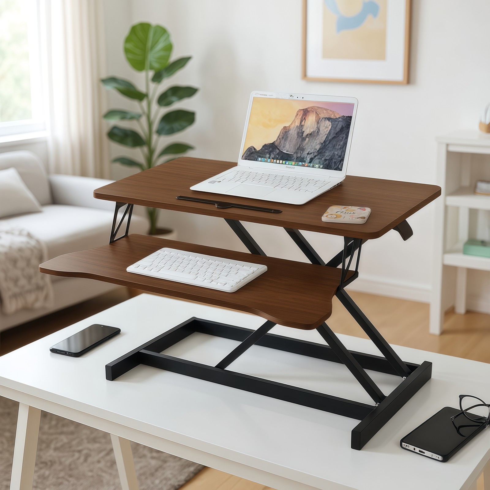 32 Inch Desk Converter Adjustable Sit Stand Riser Workstation Ergonomic - Walnut