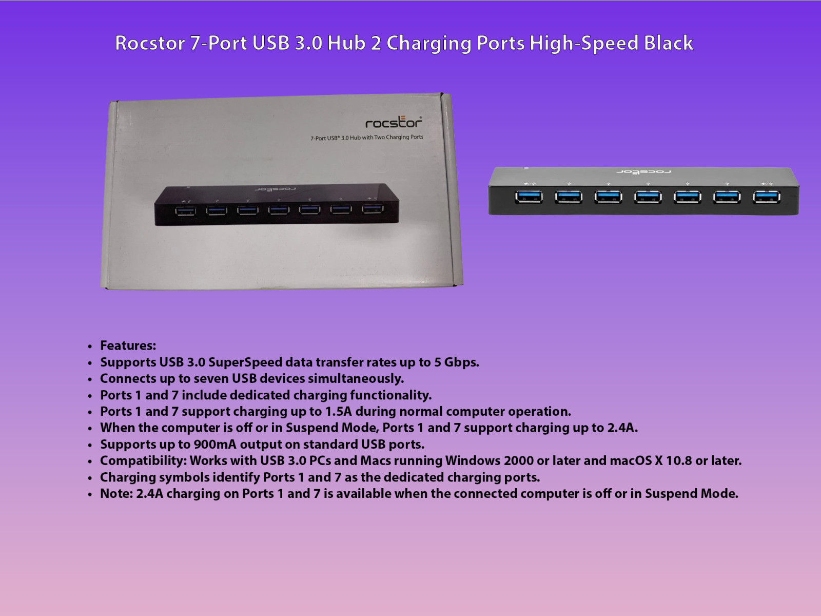 Rocstor 7-Port USB 3.0 Hub w/ 2 Fast Charging Ports Desktop Splitter Y10P003-B1