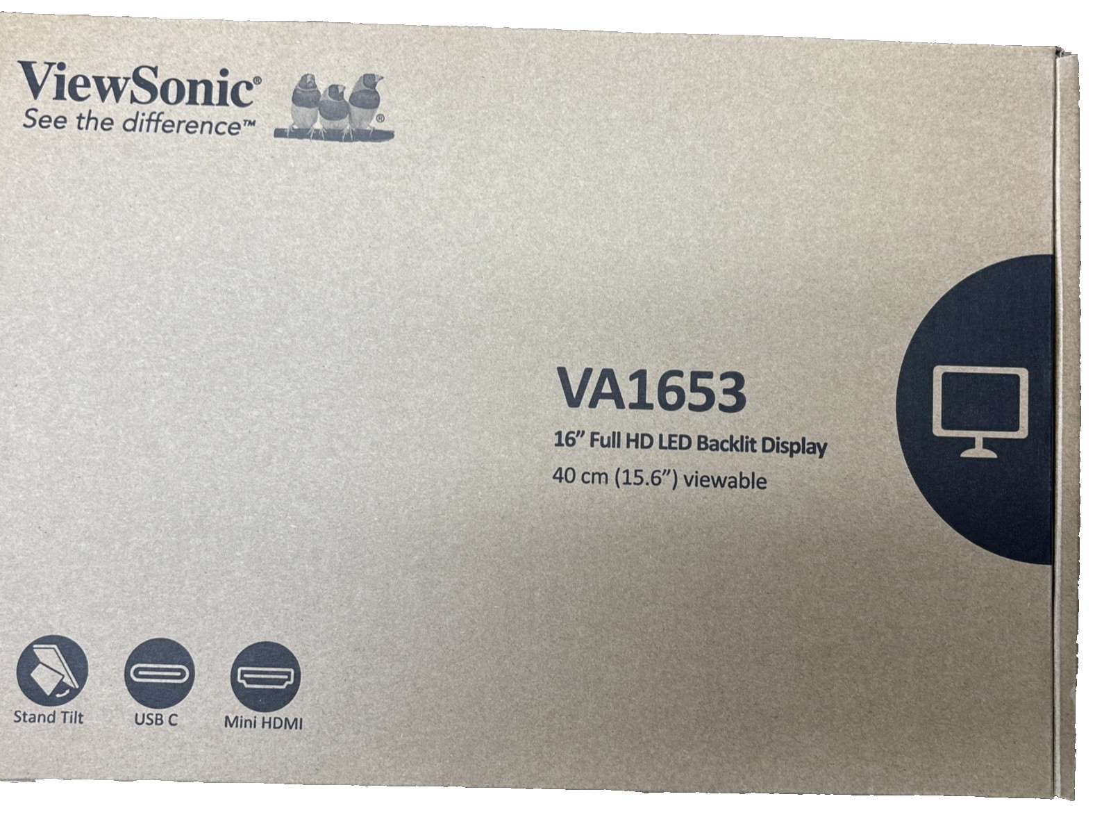 ViewSonic VA1653 16" FHD IPS Portable Monitor Built-in Stand, USB C, Mini HDMI