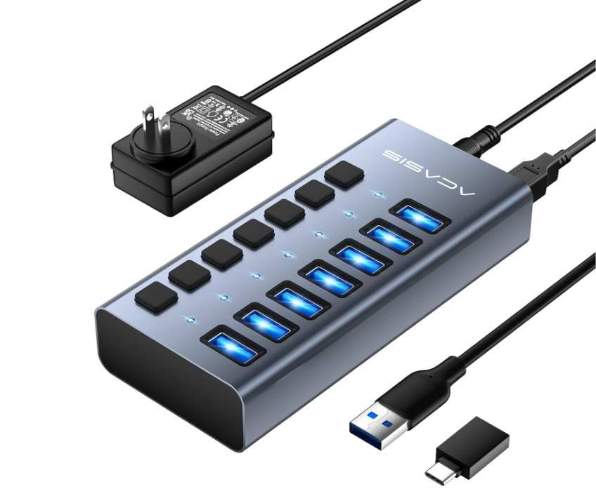 Concentrador USB 3.2 con alimentación externa,con 7 puertos USB y velocidad de t