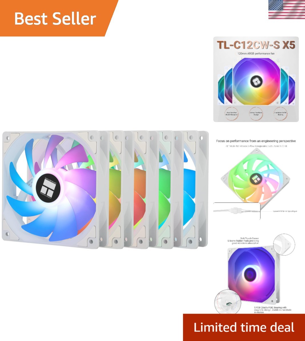 5-Pack 120mm ARGB CPU Fans with Silent 4-Pin PWM & S-FDB Bearing 1550RPM