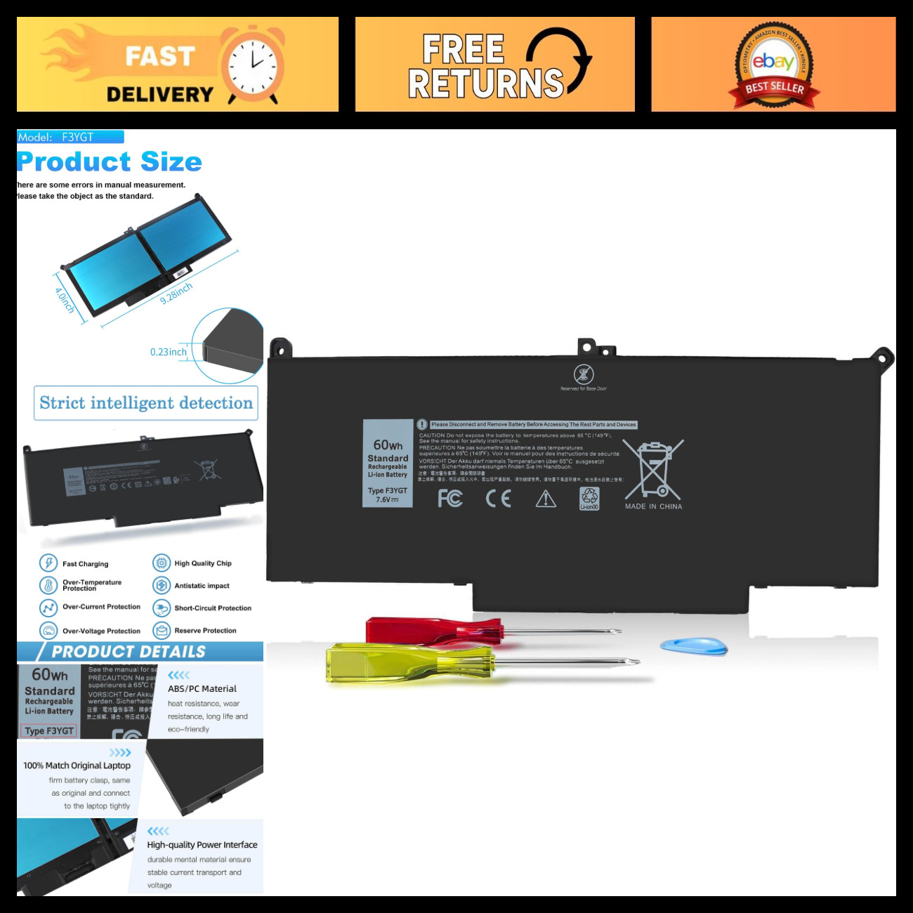 60Wh Laptop Battery Replacement for Dell Latitude 7480 7490 - High Capacity, Dur