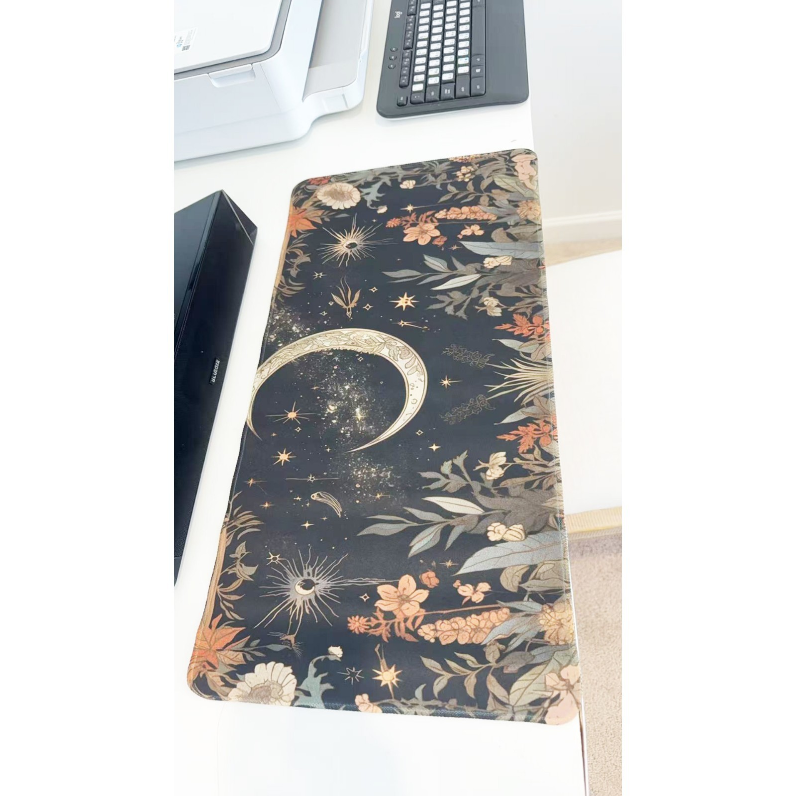 Vintage Celestial Moon & Floral Large Gaming Mouse Pad 23.6"x11.5" Non-Slip Mat