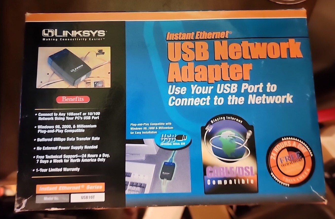 LINKSYS USB ETHERNET NETWORK RJ45 USB ADAPTER #USB10T w/ORIGINAL BOX & CABLE