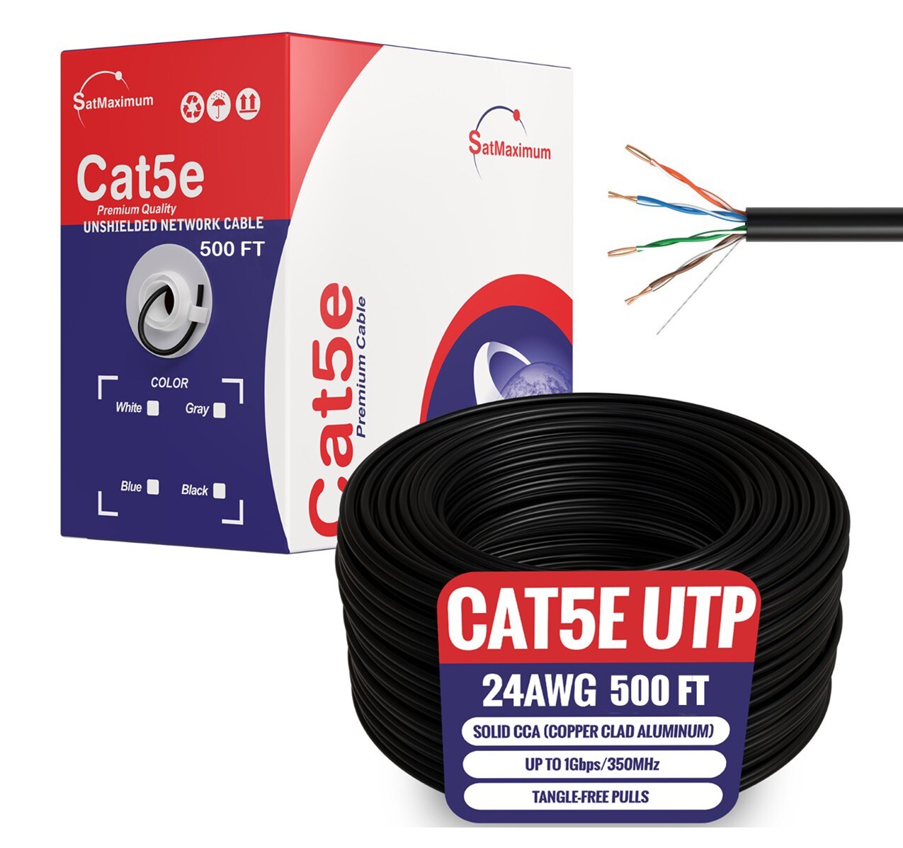 CAT5e UTP 500ft Black Network Ethernet Cable 24AWG CCA Bulk Solid Wire Pull Box