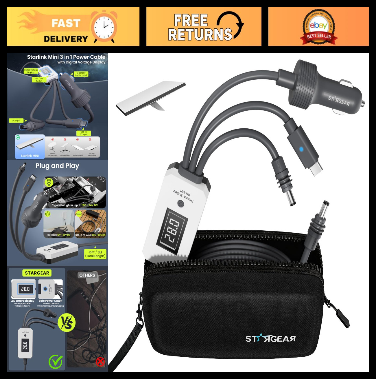 10FT 3-in-1 Power Cable with Voltage Display & Switch, USB-C Car Adapter for Sta