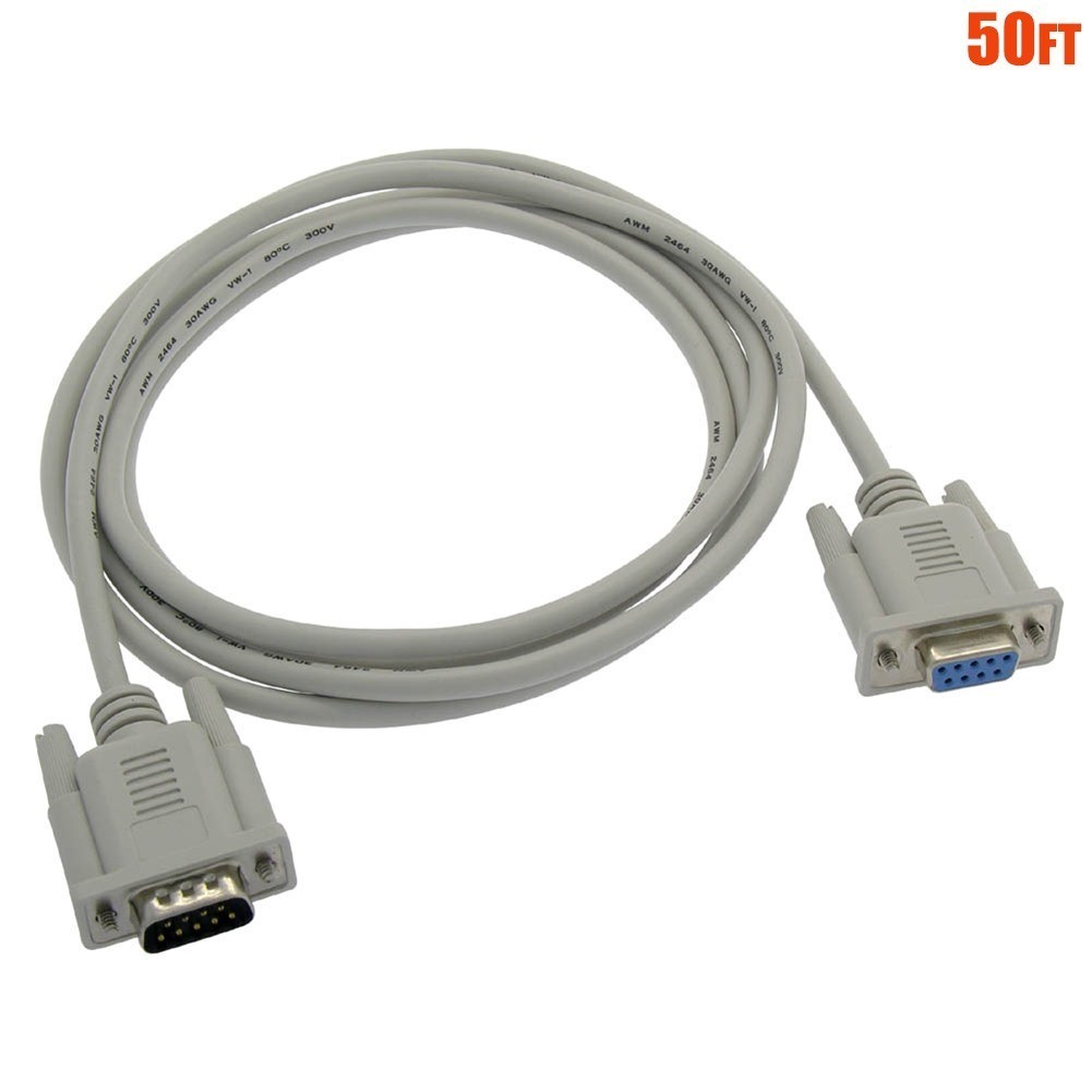 50FT DB9 DB 9 9-Pin RS-232 Male to Female M/F Serial Cable Extension Cord Ivory