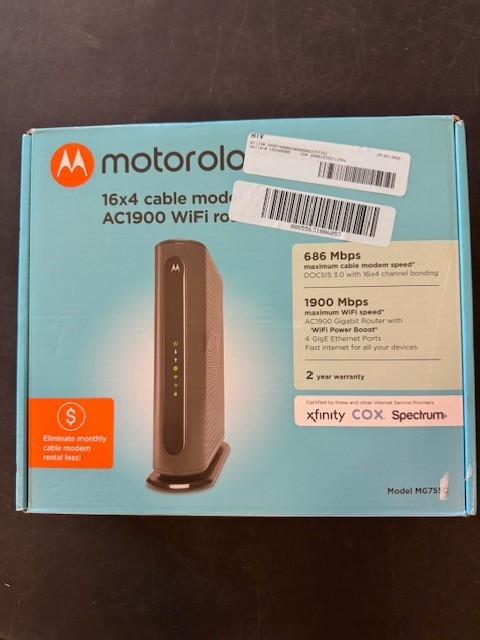 Motorola MG7550 16x4 High-Speed Cable Modem Plus AC1900 WiFi Router with Box
