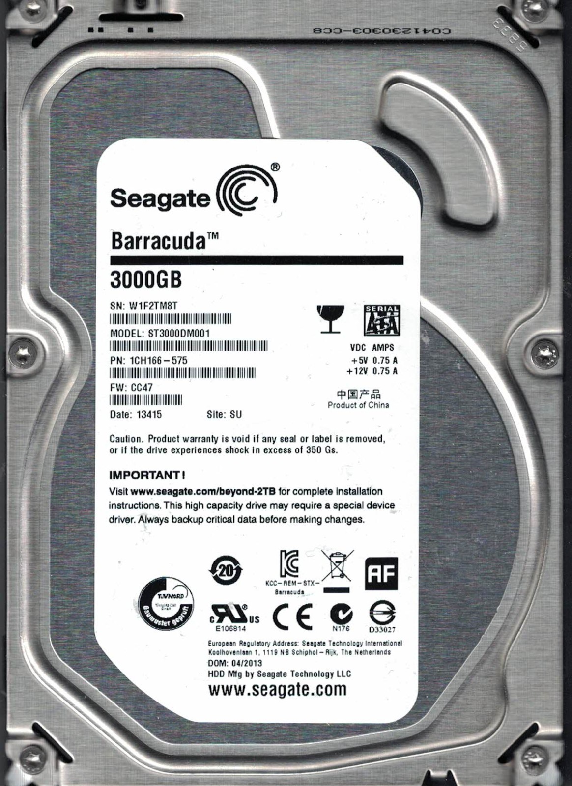 Seagate ST3000DM001  P/N 1CH166-575 CC47 S/N W1F