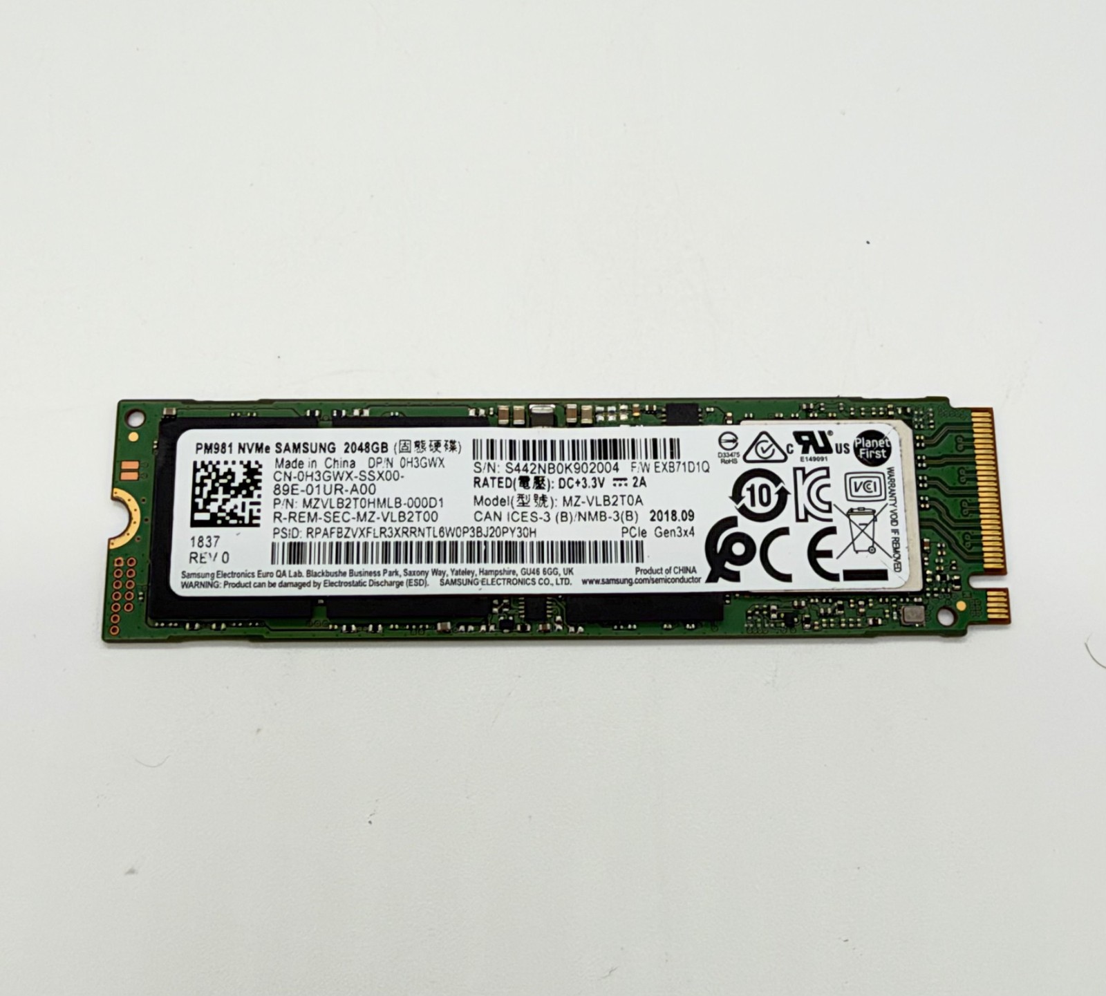 2TB SAMSUNG PM981 MZ-VLB2T0A 2280 NVME SSD PCIE 3X4 TESTED 100% HEALTH