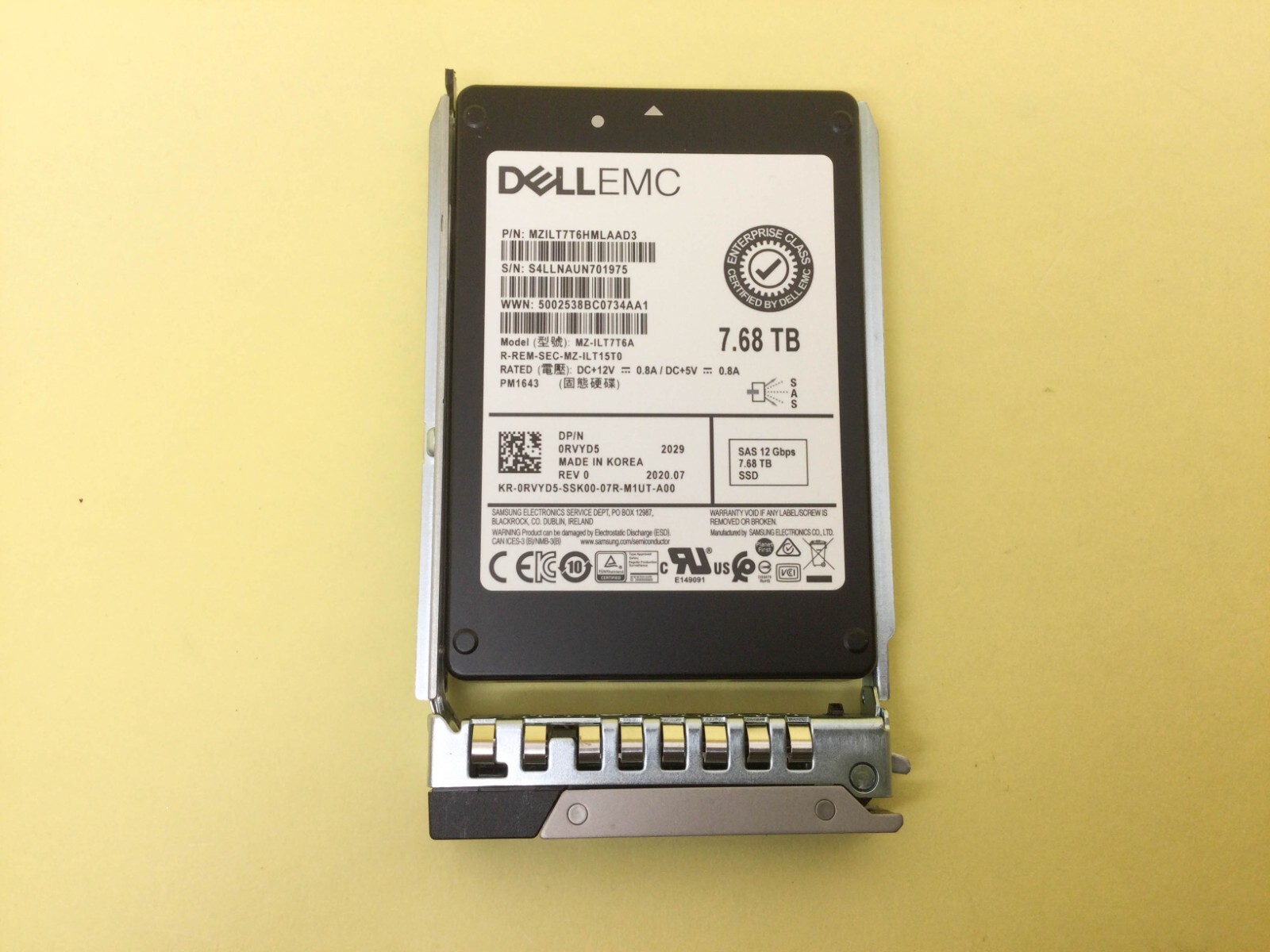 RVYD5 Dell 7.68TB 12Gbps SAS Read Intensive 2.5" SSD 0RVYD5 MZ-1LT7T6A w/Gen14