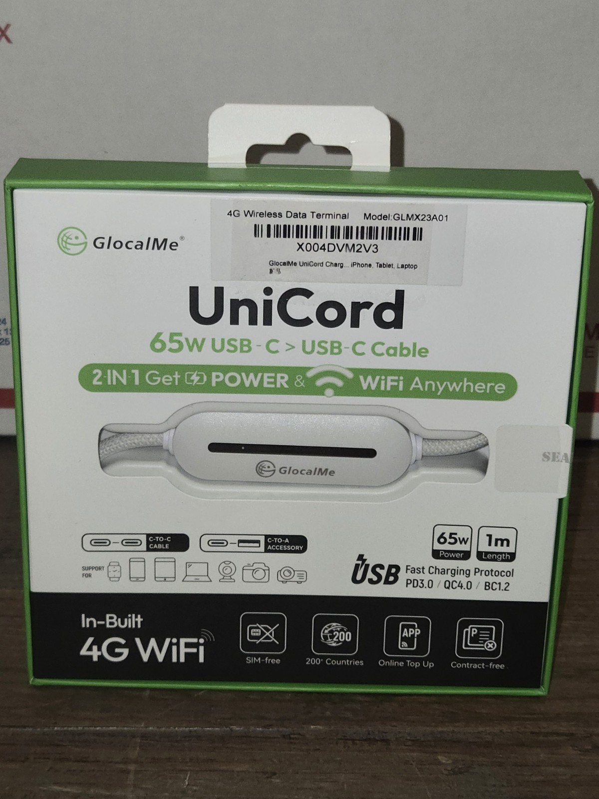 GlocalMe UniCord 65W USB-C To USB-C 2-In-1 Charging Cable With In-Built 4G WiFi