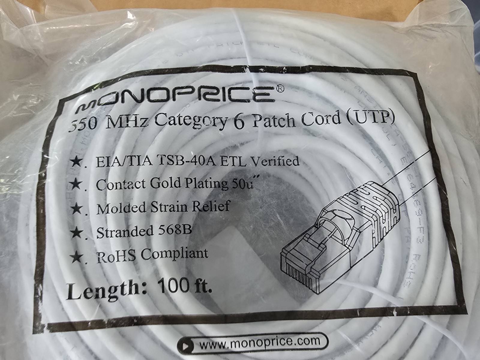 MONOPRICE 100' Patch Cord Cat 6 | 100 ft. w/ Gold Plate Connectors | New 