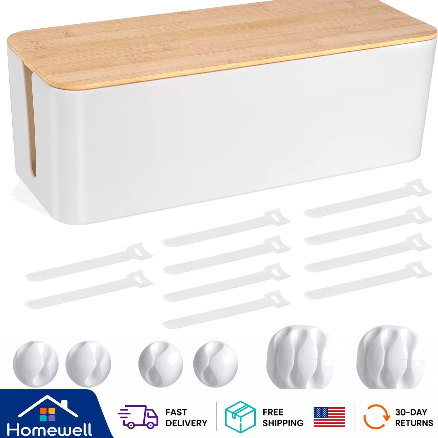 Durable White Cable Management Box with Stylish Wood Finish - 1 Count Set