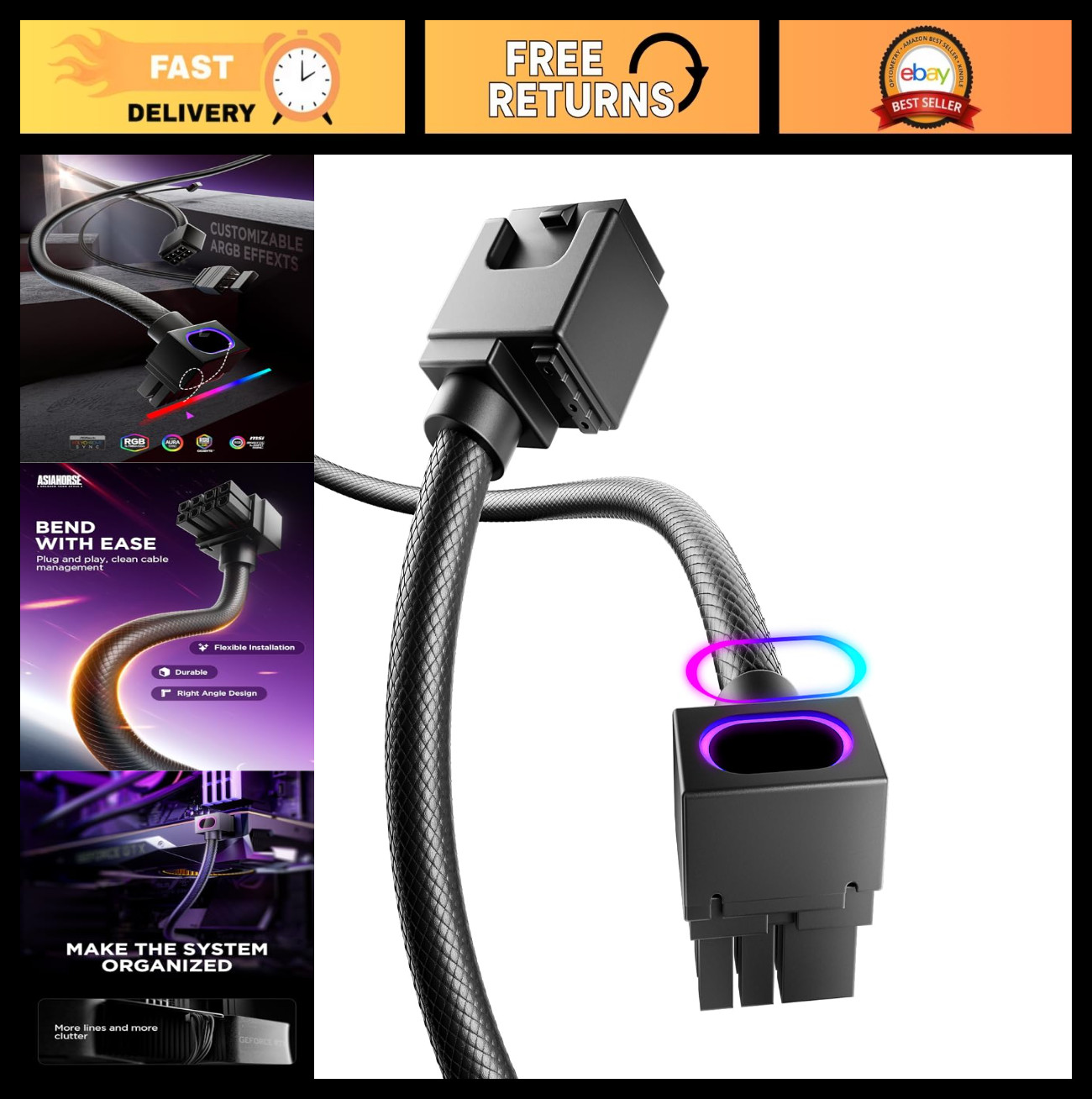 ARGB GPU PSU Extension Cable - 8PIN Copper Wire Power Cord, 2000W, Minimalist De