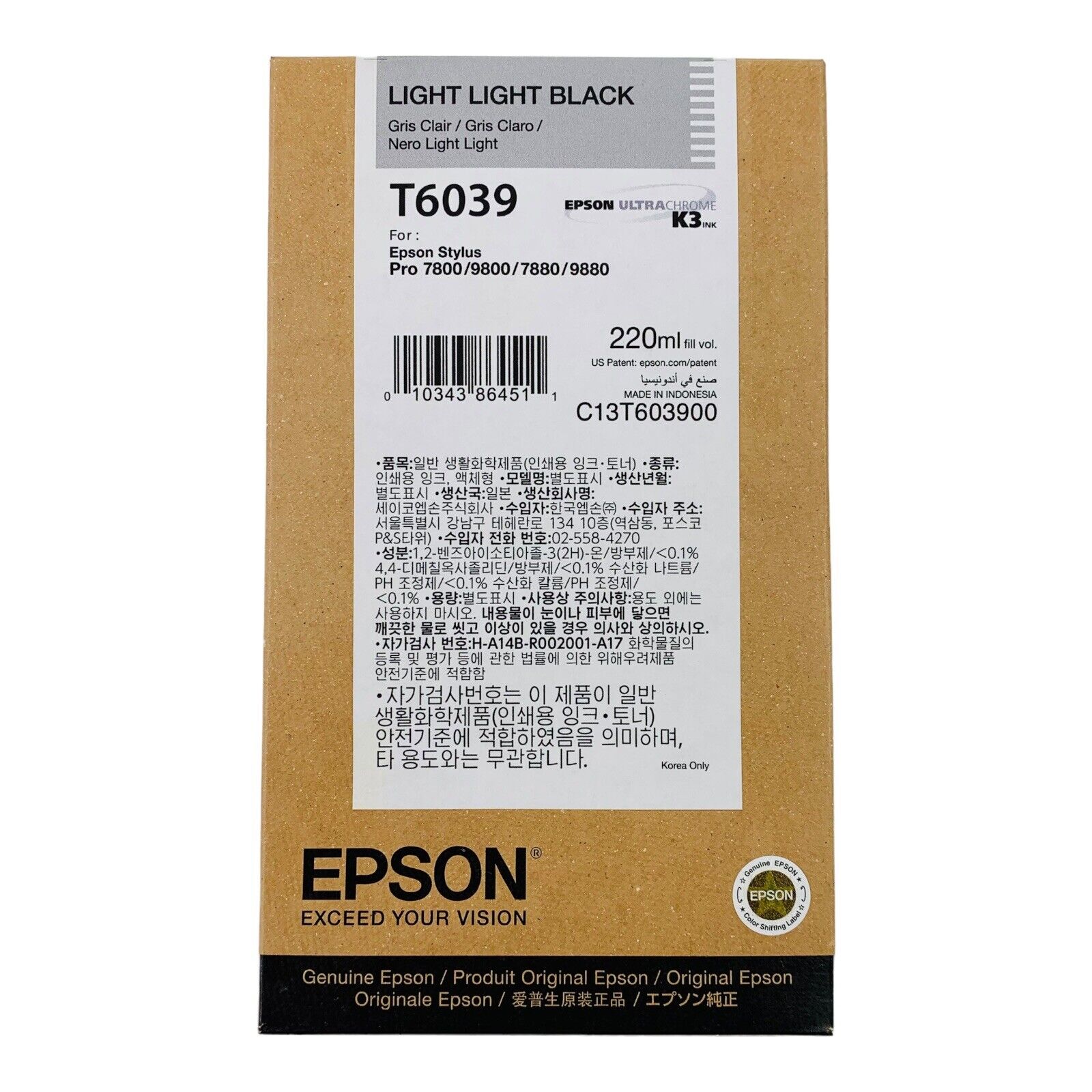 Genuine Epson T6039 Light Light Black Ink Stylus Pro 7800/9800/7880/9880 Exp3/23